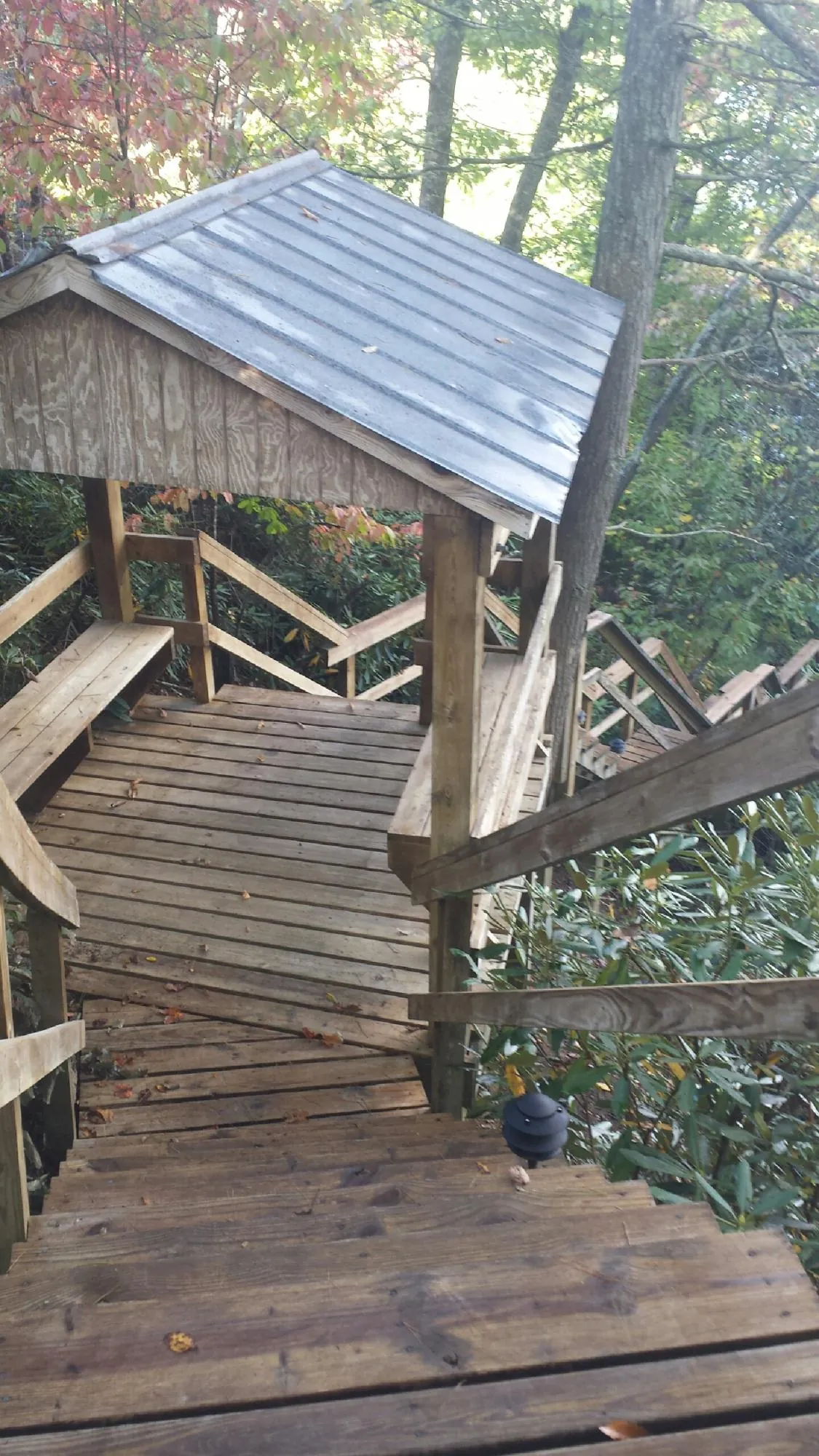 Metal roofed shelter over wooden steps on a wooded walkway — Skylight Repair & Installation work by our crew in Minster